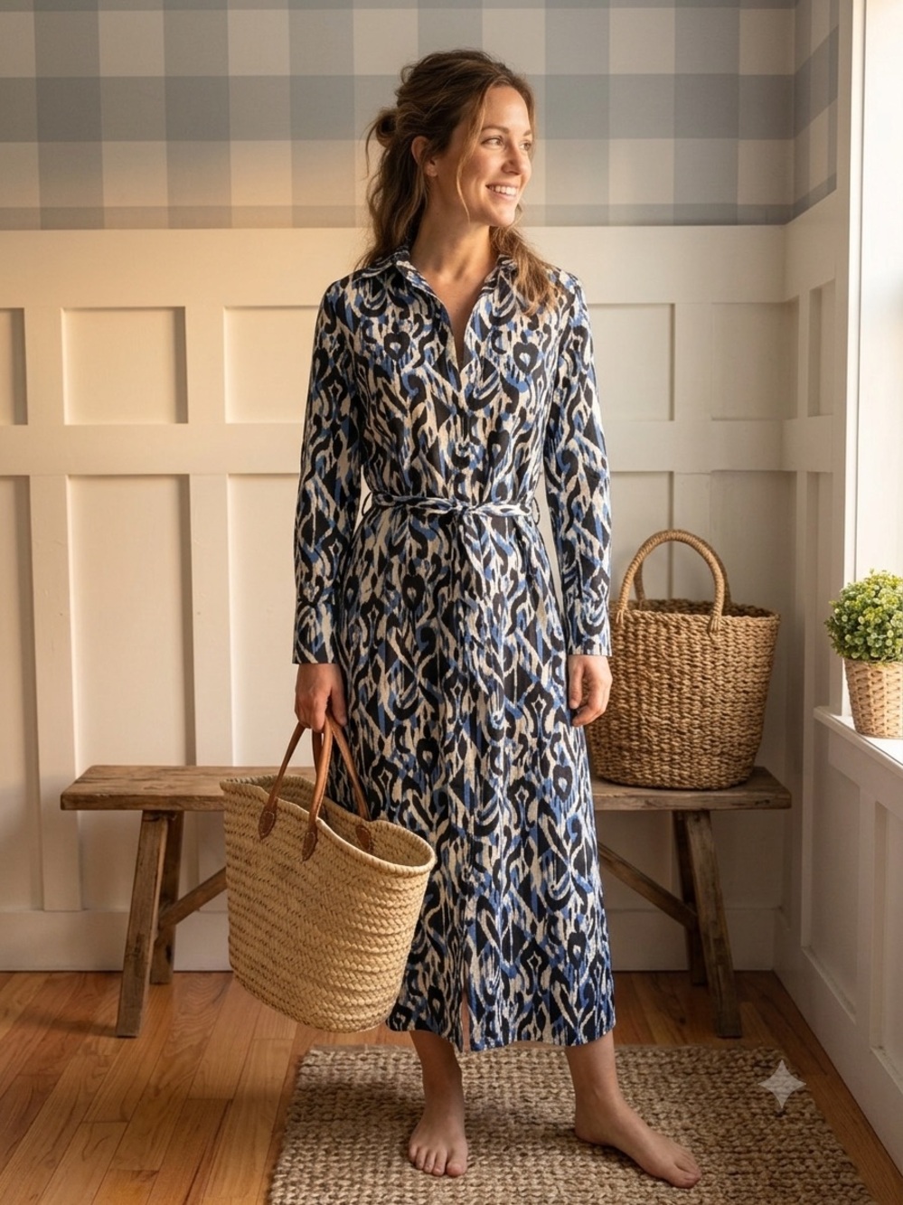 Zara Blue and Cream Ikat-Print Long Sleeve Maxi Shirt Dress with Tie Small - Picture 1 of 10